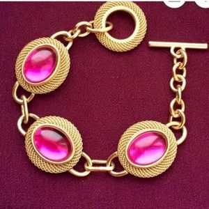 Monet Pink Glass Cabochon Bracelet Toggle signed mesh gold tone vintage